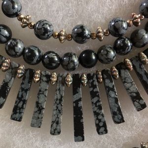 Handmade snowflake obsidian bead double strand necklace with earrings &bracelet